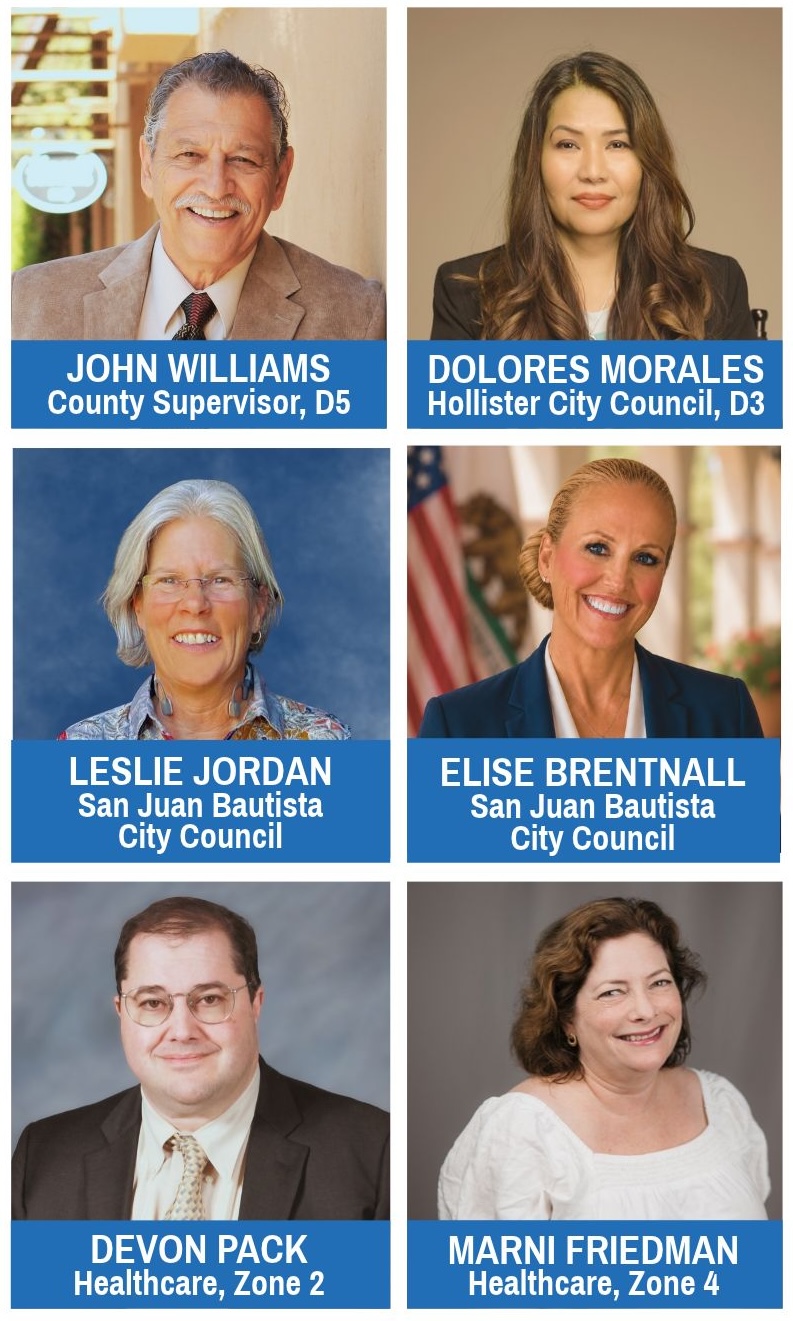 Six SBCDCC endorsed candidates: John Williams, Dolores Morales, Leslie Jordan, Elise Brentnall, Devon Pack, and Marni Friedman